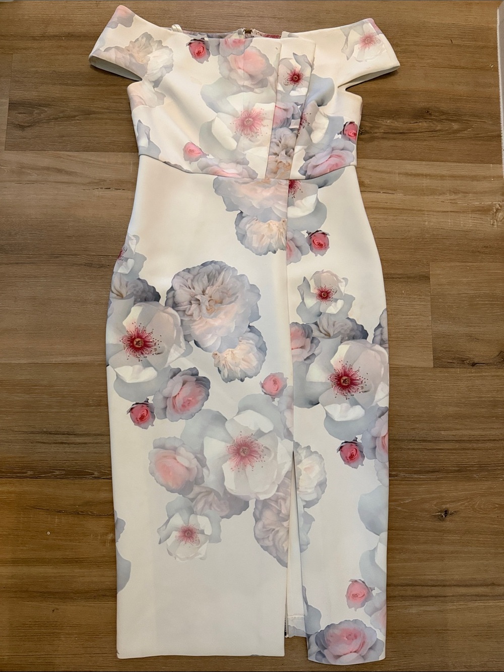 Ted Baker London Off-Shoulder Floral Midi Dress in White, Pink and Gray